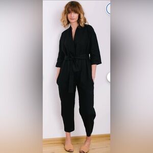 Classic Black Women's Linen Jumpsuit with Waist Tie.